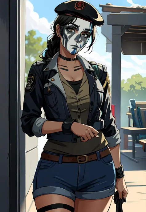 (masterpiece:1.2), (best quality:1.2) 1girl, detailed face, anime style, latina, mature, cowboy shot, beret, (facepaint:1.1), caveira
<lora:caveira-05:0.99> <lora:hellap-14:0.8>