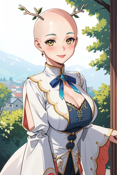 (masterpiece, best quality), intricate details,
1girl, <lora:ceres_fauna_v2:0.8> hmcf,antlers, branch, yellow eyes, large breasts, jewelry, dress, cleavage, wide sleeves, green flower, single thighhigh, white thighhighs,
<lora:BaldifierW2:2.5> smiling, blushing,