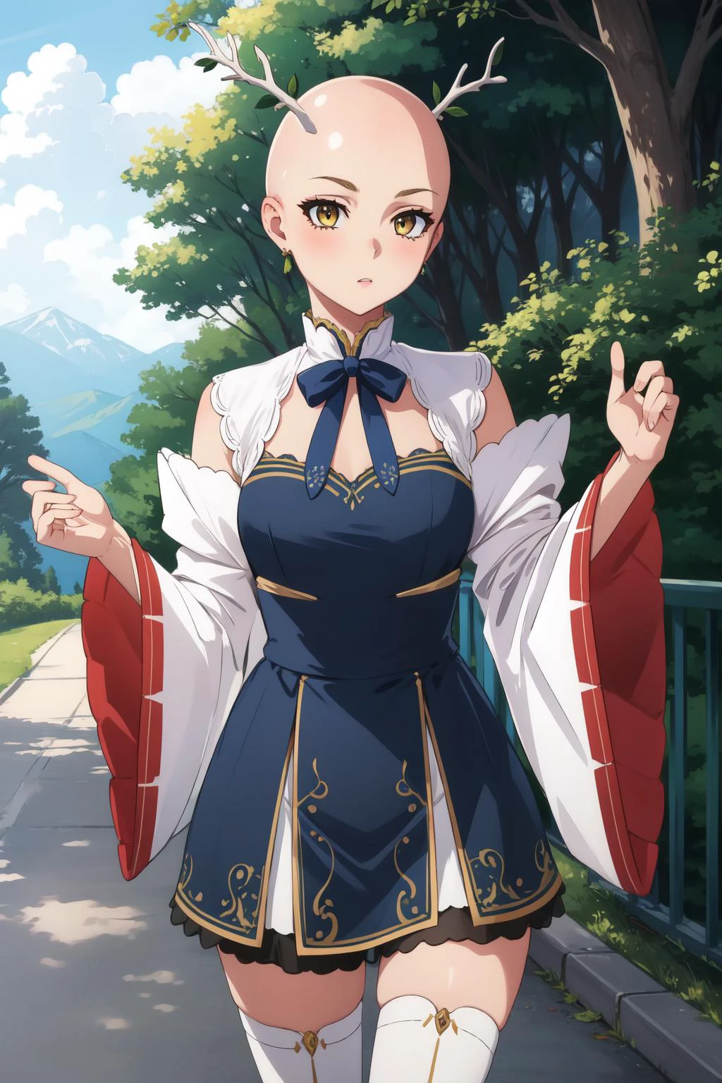 (masterpiece, best quality), intricate details,
1girl, <lora:CeresFauna:0.8> Ceres Fauna, antlers, FaunaBase, blue dress, wide sleeves, single thighhigh, bridal gauntlets,
<lora:BaldifierW2:2.5>