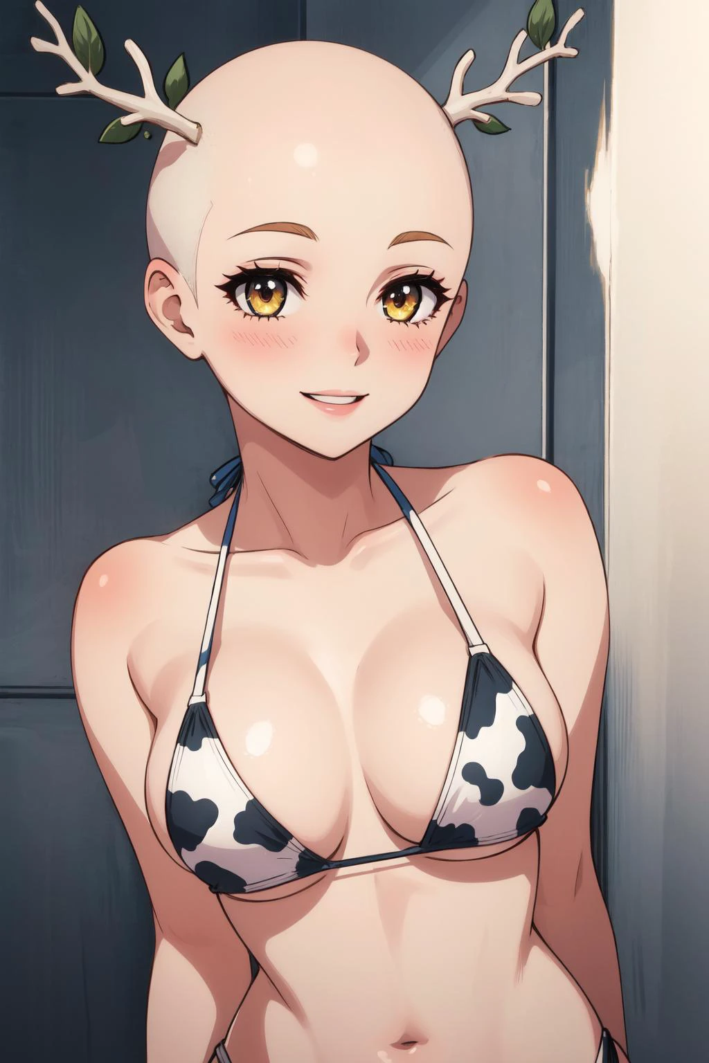 (masterpiece, best quality), intricate details,
1girl, <lora:CeresFauna:0.8> Ceres Fauna, antlers, print bikini, cow print,
<lora:BaldifierW2:2.5> smiling, blushing,