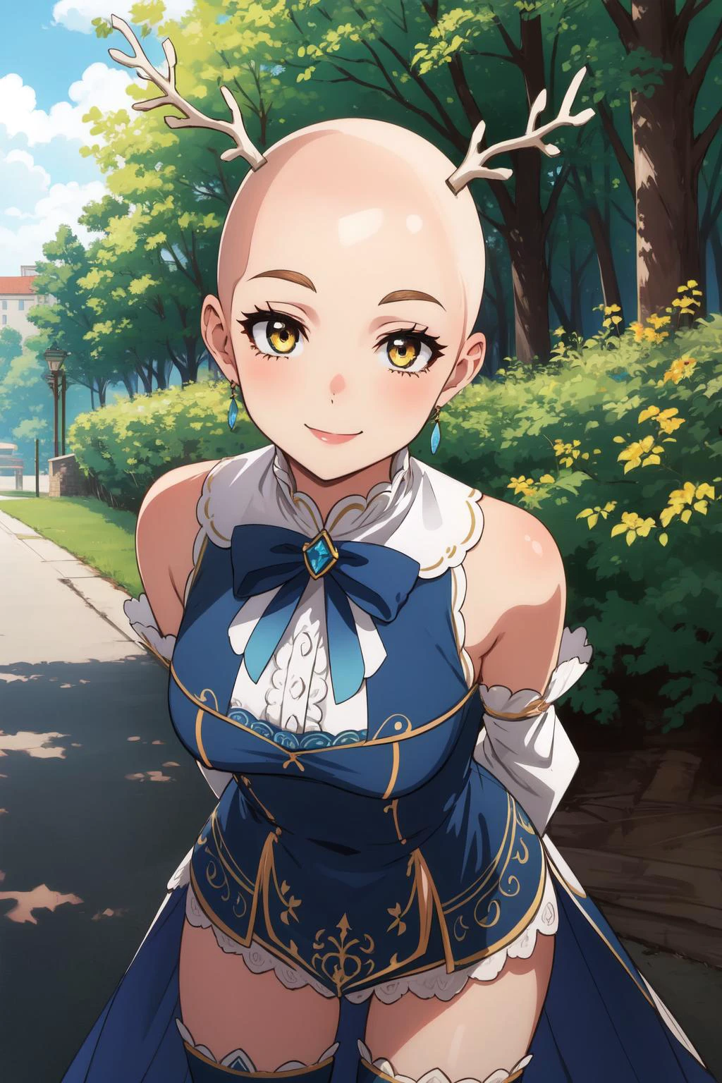 (masterpiece, best quality), intricate details,
1girl, <lora:CeresFauna:0.8> Ceres Fauna, antlers, FaunaBase, blue dress, wide sleeves, single thighhigh, bridal gauntlets,
<lora:BaldifierW2:2.5> arms behind back, leaning forward, smiling,