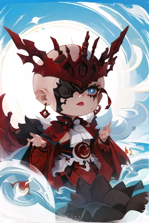 Highly detailed, High Quality, Masterpiece, beautiful, solo, border, chibi, <lora:Style_Onmyoji:1>, <lora:Looks_Baldifier:2>, signora \(genshin impact\), black mask, eye mask, red lips, one eye covered, fur trim, red cape, fur-trimmed coat, dangle earrings, <lora:Char_GenshinImpact_Signora:0.7>