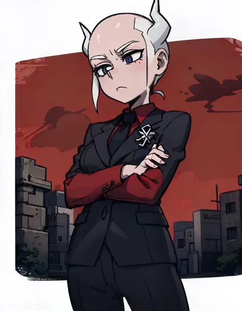 1girl, solo, cowboy shot, crossed arms, lucifer, black suit, black tie, red shirt, white horns, black crown <lora:Helltaker:0.4> <lora:helltaker_girls:0.7> <lora:BaldifierW2:2>
