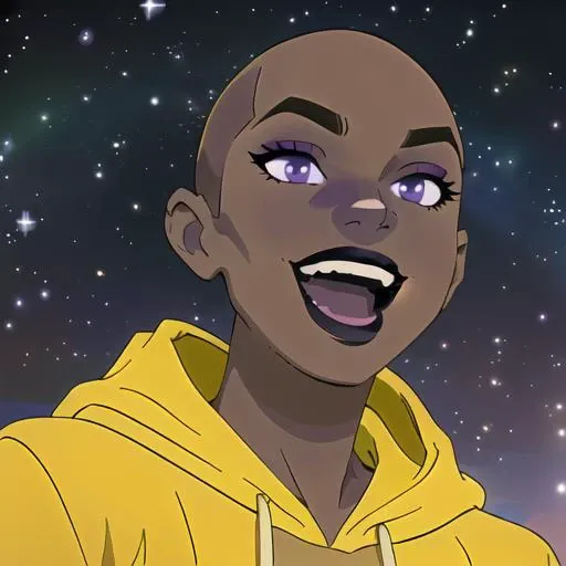 1girl, purple_eyes, dark_skin, hooded_cloak, smile, black_lips, open_mouth, teeth,yellow_hoodie, black_shirt, star, space, from_below, solo, portrait, <lora:britelite6:0.80>, <lora:BaldifierW2:2.5>