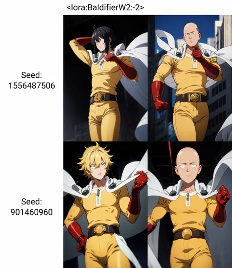 (masterpiece, best quality:1.2), <lora:Saitama:1>, saitama, anime, one punch, 1boy, white cape, red gloves, belt , <lora:BaldifierW2:-2> ,