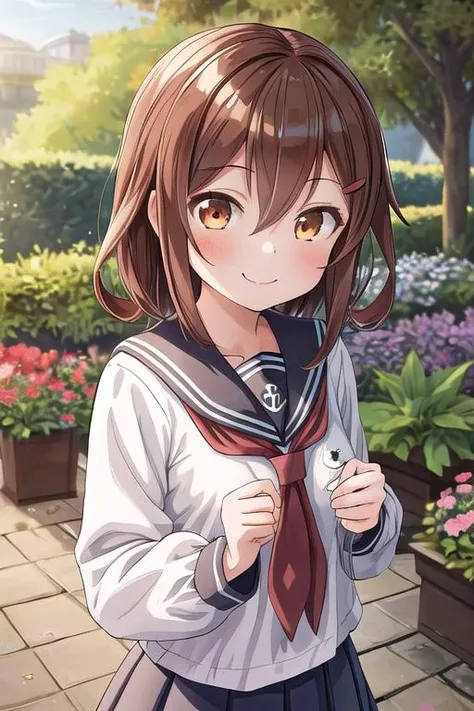 masterpiece, best quality,ultra detail,<lora:GoodHands-vanilla:0.8> <lora:anmnr01:0.3> <lora:add_detail:0.5>,1girl, ikazuchi_kantaicollection <lora:ikazuchi_kantaicollection:0.7>,garden,smile,upper body