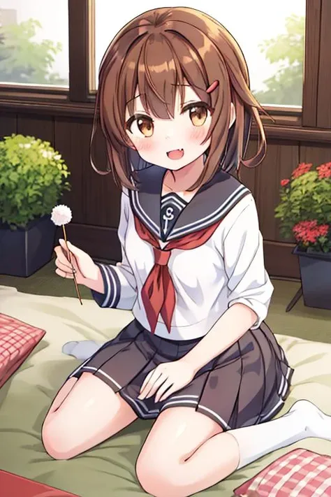 masterpiece, best quality, highres, 1girl, ikazuchi_kantaicollection <lora:ikazuchi_kantaicollection:0.7>,brown_hair, short_hair, hairclip, hair_ornament, brown_eyes, serafuku, fang, open_mouth, smile, blush,flower garden,sitting, <lora:lap_pillow_invitation:0.7>,lap pillow invitation,<lora:GoodHands-vanilla:0.8> <lora:anmnr01:0.3> <lora:add_detail:0.5>
