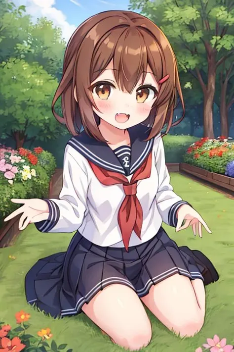 masterpiece, best quality, highres, 1girl, ikazuchi_kantaicollection <lora:ikazuchi_kantaicollection:0.7>,brown_hair, short_hair, hairclip, hair_ornament, brown_eyes, serafuku, fang, open_mouth, smile, blush,flower garden,sitting, <lora:lap_pillow_invitation:0.7>,lap pillow invitation,<lora:GoodHands-vanilla:0.8> <lora:anmnr01:0.3> <lora:add_detail:0.5>