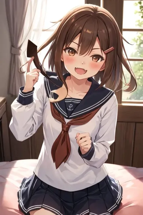 best quality, masterpiece, highres, solo, {ikazuchi_kantaicollection:1.15}, brown_hair, short_hair, hairclip, hair_ornament, brown_eyes, serafuku, fang, open_mouth, smile, blush