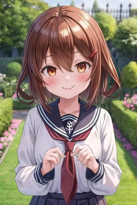 masterpiece, best quality,ultra detail,<lora:GoodHands-vanilla:0.8> <lora:anmnr01:0.3> <lora:add_detail:0.5>,1girl, ikazuchi_kantaicollection <lora:ikazuchi_kantaicollection:0.7>,garden,smile,upper body