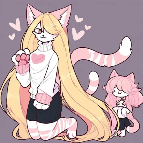 olo, cat, feline, tail, white fur, pink stripes on tail, pink paws, pink hands, absurdly long hair, pink cat ears, pink tail, blonde hair, whIte sweater, black sportswear, black shorts, pink heart, heart on chest