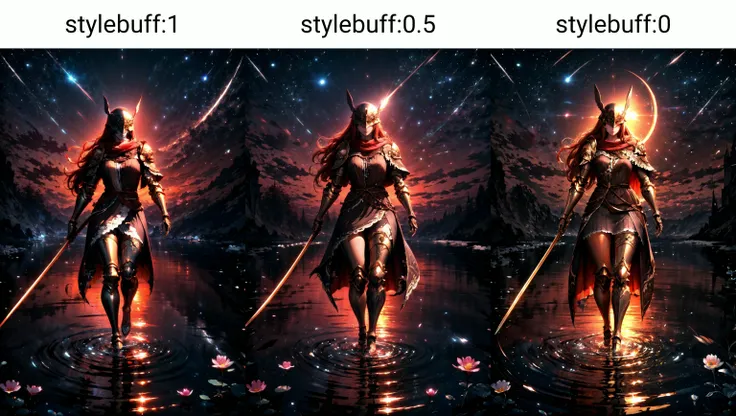 Highly detailed, High Quality, Masterpiece, beautiful, Malenia, prothestic leg, single mechanical arm, prosthesis, armor, cape, helmet, brown dress, <lora:Char_EldenRing_Malenia:1>, sword, holding sword, full body, wide shot, flower, water, solo, sunset, stylebuff, night, (dark environment), <lora:Style_DarkIncursioStyle:1>, <lora:Other_MoreDetails:0.5>, <lora:StyleBuff_v1 - stylebuff:1>