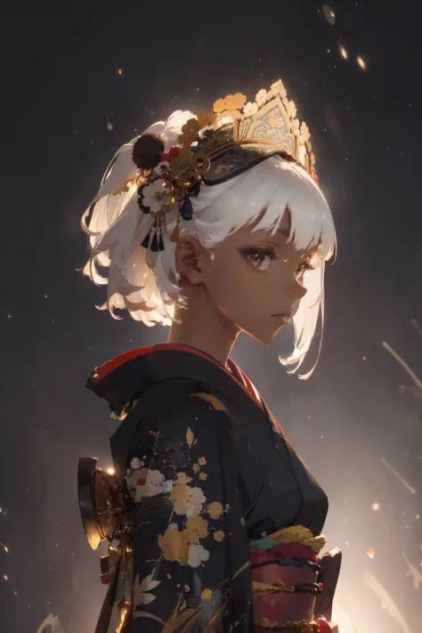 (masterpiece:1.1), (highest quality:1.1), (HDR:1.0), anime wallpaper of a (sensible:1.18) girl, (best colors), (black futuristic metal clothing:0.9), (1girl), (kimono:1.1), (tan skin), (portrait:0.9), (from side), looking at viewer, solo, facing viewer, yellow, (detailed background), (abstract background), (abs:0.8), white eyes, white hair, short hair, headdress, official art, high detail, (promotional:0.9), black, reflective, armlet, (asian aesthetic:1.2), backlighting, (ceative:1.3)