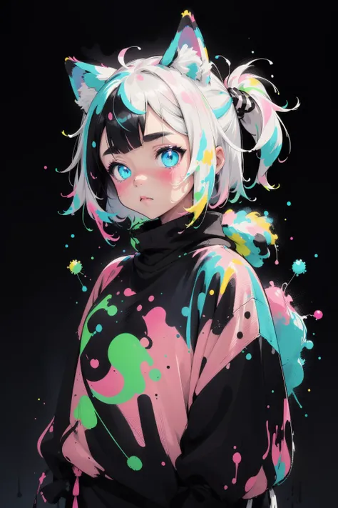1girl, catgirl, outline, black and white, neon paint, glowing, dark theme, paint background, bubbles, japanese graphic, oversized sweater, (splatter), pink, blue, <lora:StyleBuff - Portraits:1>, stylebuff