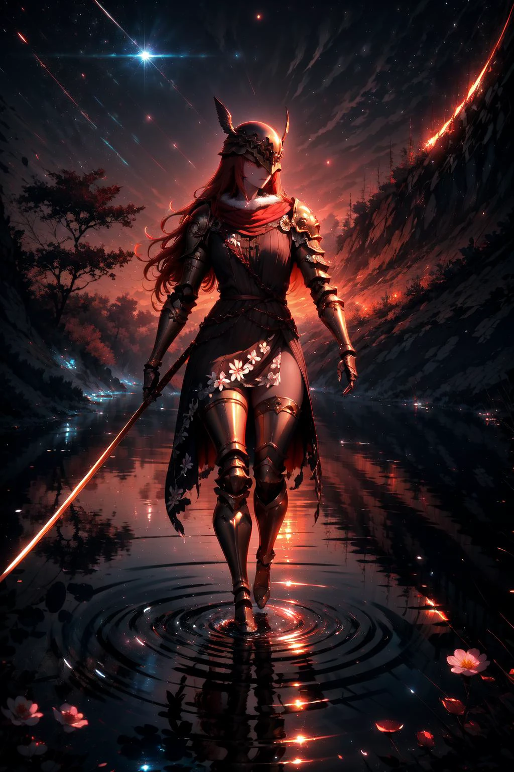 Highly detailed, High Quality, Masterpiece, beautiful, Malenia, prothestic leg, single mechanical arm, prosthesis, armor, cape, helmet, brown dress, <lora:Char_EldenRing_Malenia:1>, sword, holding sword, full body, wide shot, flower, water, solo, sunset, stylebuff, night, (dark environment), <lora:Style_DarkIncursioStyle:1>, <lora:Other_MoreDetails:0.5>, <lora:StyleBuff_v1 - stylebuff:1>