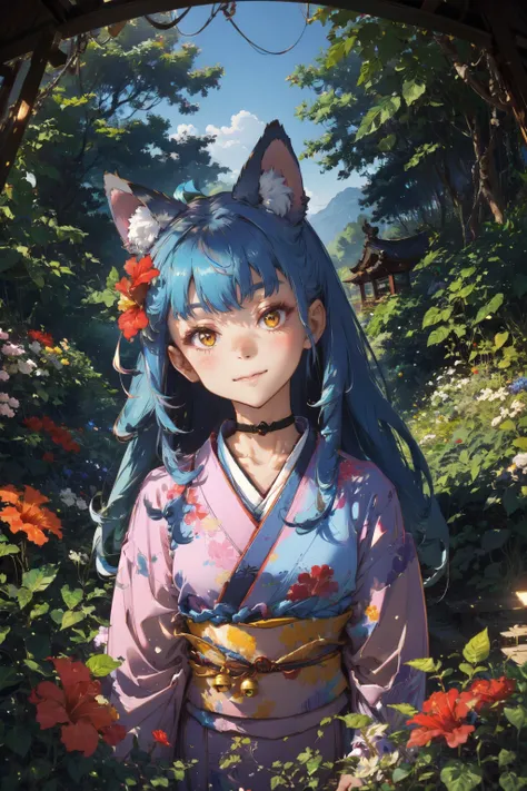 (masterpiece:1.1), (highest quality:1.1), (HDR:1.0), shadows, outline, shrine, ((garden, hibiscus)), overgrown upper body, blush, head tilt, wide angle, fisheye, 1girl, blue hair, absurdly long hair, ahoge, yellow eyes, long fox ears, sidelocks, fox tails, light smile, looking at viewer, floating hair, white flower hair ornament, kimono, bell choker, stylebuff