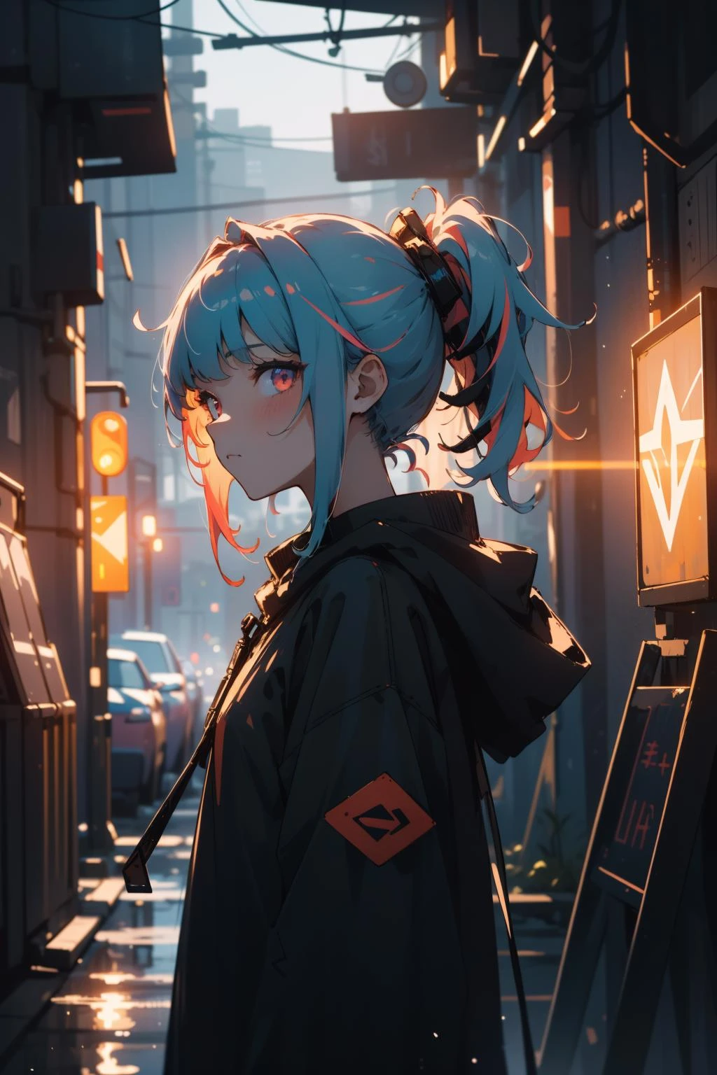 (masterpiece:1.1), (highest quality:1.1), 1 girl, highly detailed hair, multicoloured hair, night, neon sign backlight, cinematic lighting, looking to the viewer, side lighting, complex hairstyle, midnight vibe, Depth of field