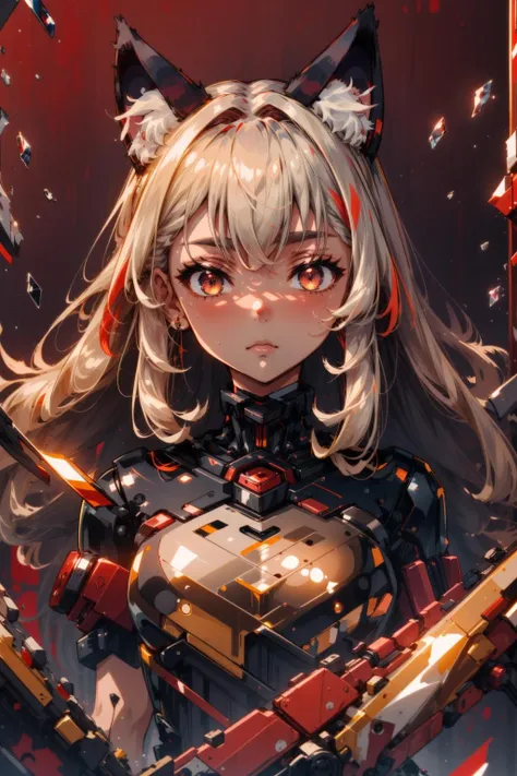 1girl, cat ears, fluff, simple background, (red theme), (gold:0.9), (masterpiece, highest quality:1.18), cg, 8k, extreme quality, stylebuff