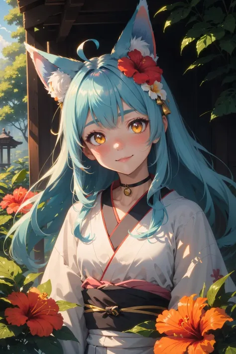 (masterpiece:1.1), (highest quality:1.1), (HDR:1.0), shadows, outline, shrine, ((garden, hibiscus)), overgrown upper body, blush, head tilt, wide angle, fisheye, 1girl, blue hair, absurdly long hair, ahoge, yellow eyes, long fox ears, sidelocks, fox tails, light smile, looking at viewer, floating hair, white flower hair ornament, kimono, bell choker, stylebuff
