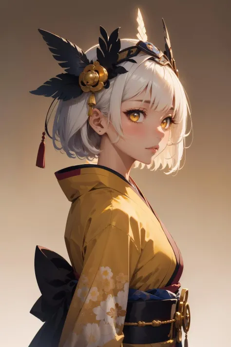 (masterpiece:1.1), (highest quality:1.1), (HDR:1.0), anime wallpaper of a (sensible:1.18) girl, (best colors), (black futuristic metal clothing:0.9), (1girl), (kimono:1.1), (tan skin), (portrait:0.9), (from side), looking at viewer, solo, facing viewer, yellow, (detailed background), (abstract background), (abs:0.8), white eyes, white hair, short hair, headdress, official art, high detail, (promotional:0.9), black, reflective, armlet, (asian aesthetic:1.2), backlighting, (ceative:1.3)