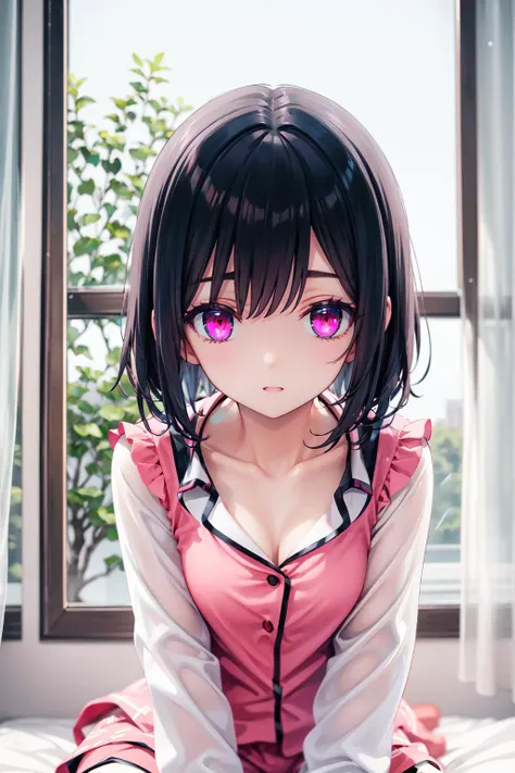 (masterpiece:1.2),best quality,extremely detailed,
BREAK
cute girl,solo,shiny skin,short hair,small breasts,
perfect detailed eyes,perfect face,perfect anatomy,cute face,
cute eyes,(red eyes:1.3),(black hair:1.4),
BREAK
cute pajamas,(pink pajamas:1.3),
BREAK
bed,window,flower,
BREAK
looking at viewer,character focus,
BREAK