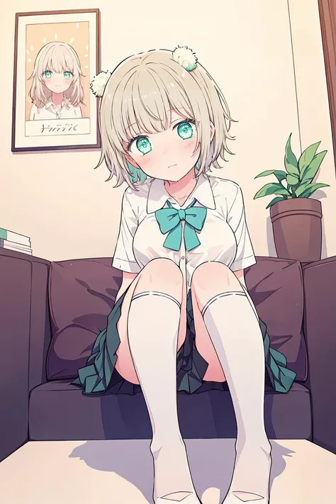 (masterpiece, best quality), 1girl, Bronze Short Messy Hair with Side Part, Size B breasts, Mint Button-up shirt and Pleated metallic midi skirt with a shimmering effect, kneesocks, Posing with one hand on the chest, looking proud.