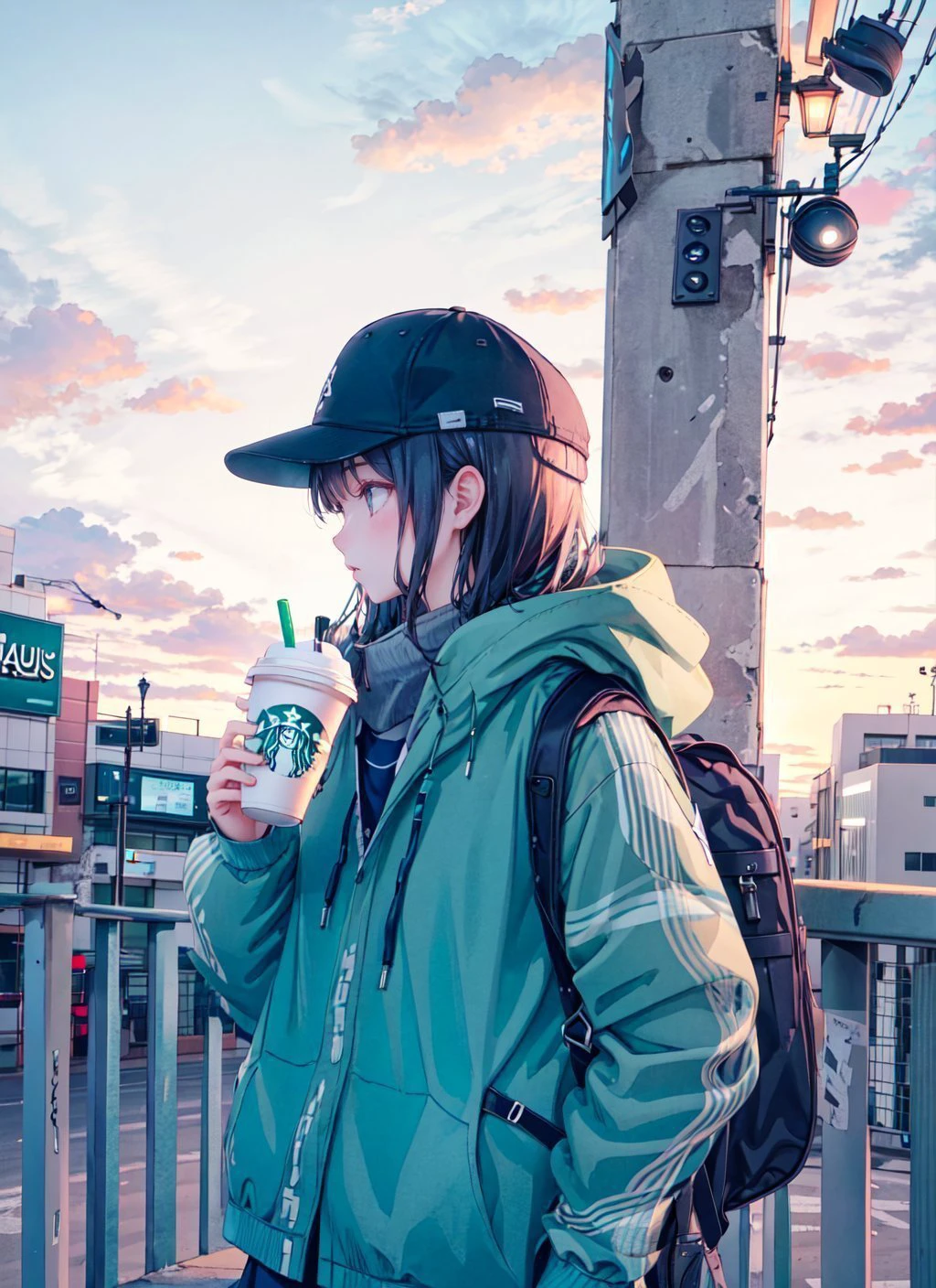 1girl, town, sunset, standing, baseball_cap, jacket, side view, holding starbucks, from_above, upper body portrait,
<lyco:GoodHandsB2:1.0>