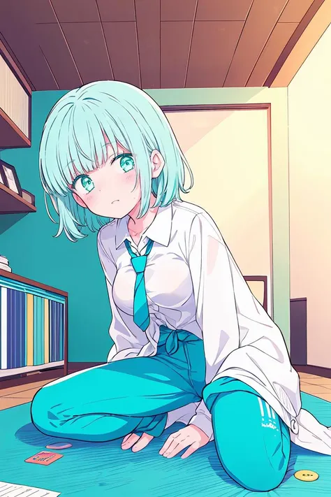 (masterpiece, best quality), 1girl, Ivory High Fade with Messy Top, medium breasts, Teal Green Button-up chambray shirt with a high-low hem. and Polka dot trousers, leggings, Bending down to tie shoelaces, with a or younging imitating the same action.