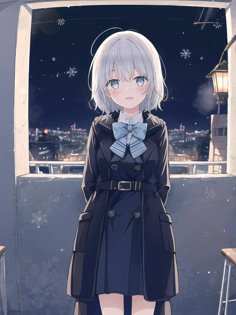 1girl, winter, coat,
school uniform, happy,
night,
arms behind back, cityscape