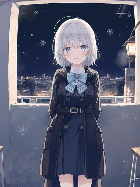 1girl, winter, coat,
school uniform, happy,
night,
arms behind back, cityscape
