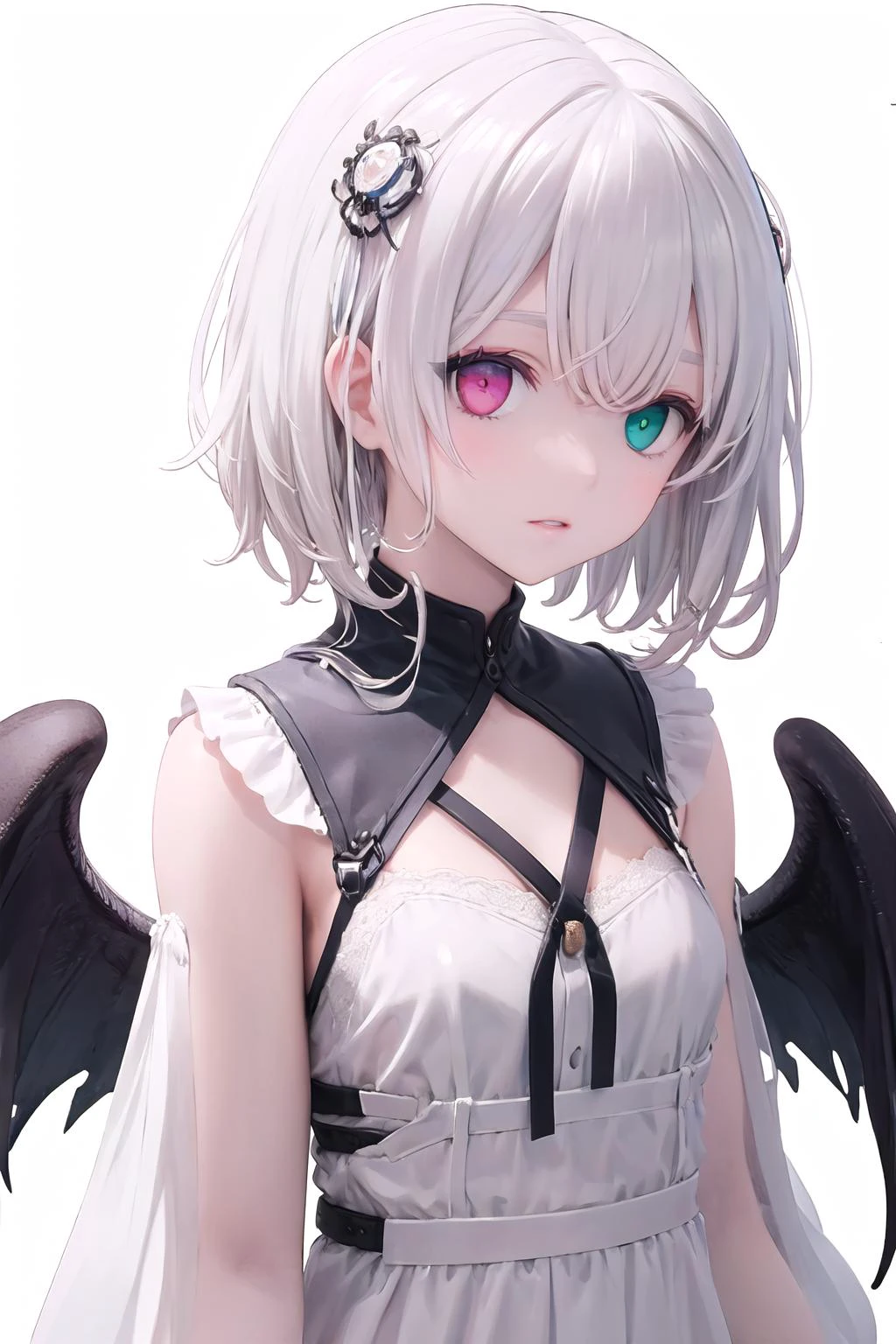 1 girl,(solo:1.2),<lora:25JiMiku:0.6>, upper body, heterochromia, short hair, long bangs,
(white background:1.5),
<lora:Amavelmessageribbon_v11:0.6:clothe>