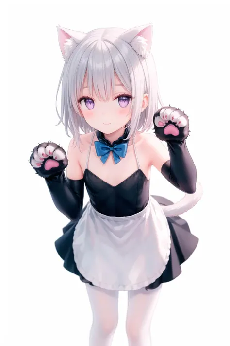(masterpiece), (best quality),
(), (flat:1.5), solo, standing, ((bent over, leaning forward)), ((paw pose,fluffy cat paw):1.2),
pantyhose, animal ears, short hair, tail, white dress, detached sleeves, white hair, looking at viewer, frilled dress, blush, bangs, bare shoulders, white footwear, bow,bowtie, small breasts, bare legs, purple eyes, blue bow, short dress, light smile,
bird,
((pink rose)), in summer,
BREAK
(simple background:1.3), (white background:1.3),
<hypernet:rurudo-25000-final:0.8>
<lora:add_detail:0.3>