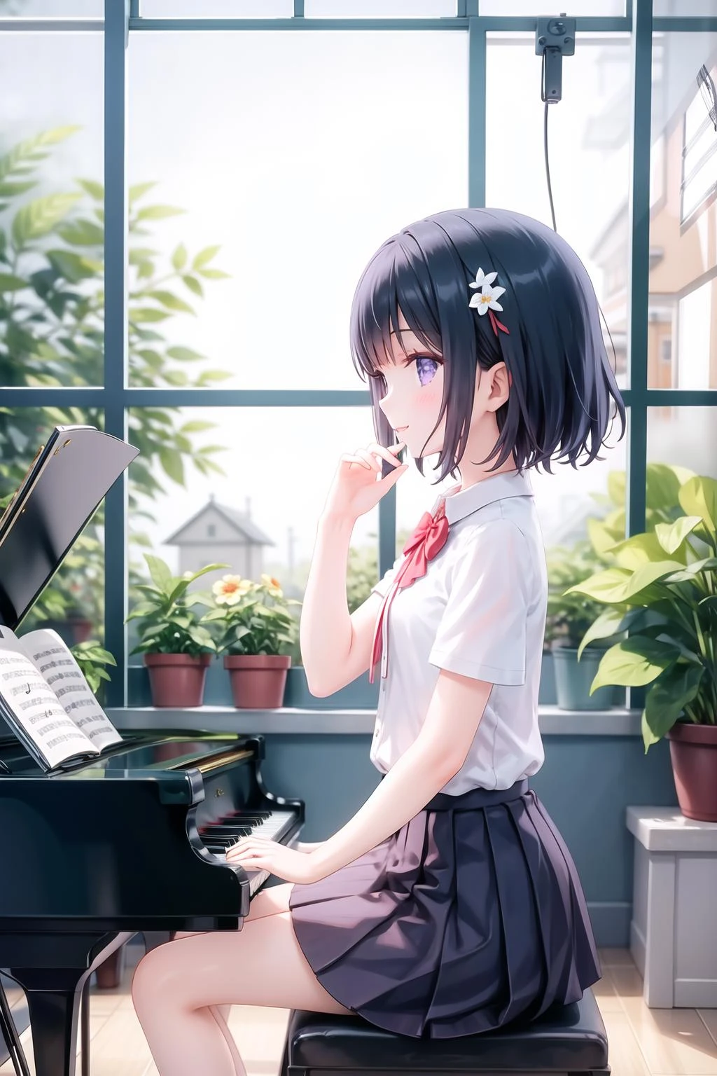masterpiece, best quality, ray tracing,cinematic lighting, sunlight,
depth of field, blurry background, blurry foreground,
(flat:1.2),(outline), (emphasis lines), (detailed 8K wallpaper),
(from side), (cowboy shot), (1 girl playing piano:1.2), sitting, (floating musical note around girl:1.4), detailed European piano,
The girl has (short black hair), (purple eyes:1.3), eyes half closed, expressionless, smile, (solo),
The girl wearing white t-shirt with a red bow, hair flower, (pleated skirt:1.2),
BREAK
(Detailed musical notes:1.2), piano, detailed room, (greenhouse),
Blurred background, fog in the distance, (Potted plants background), window