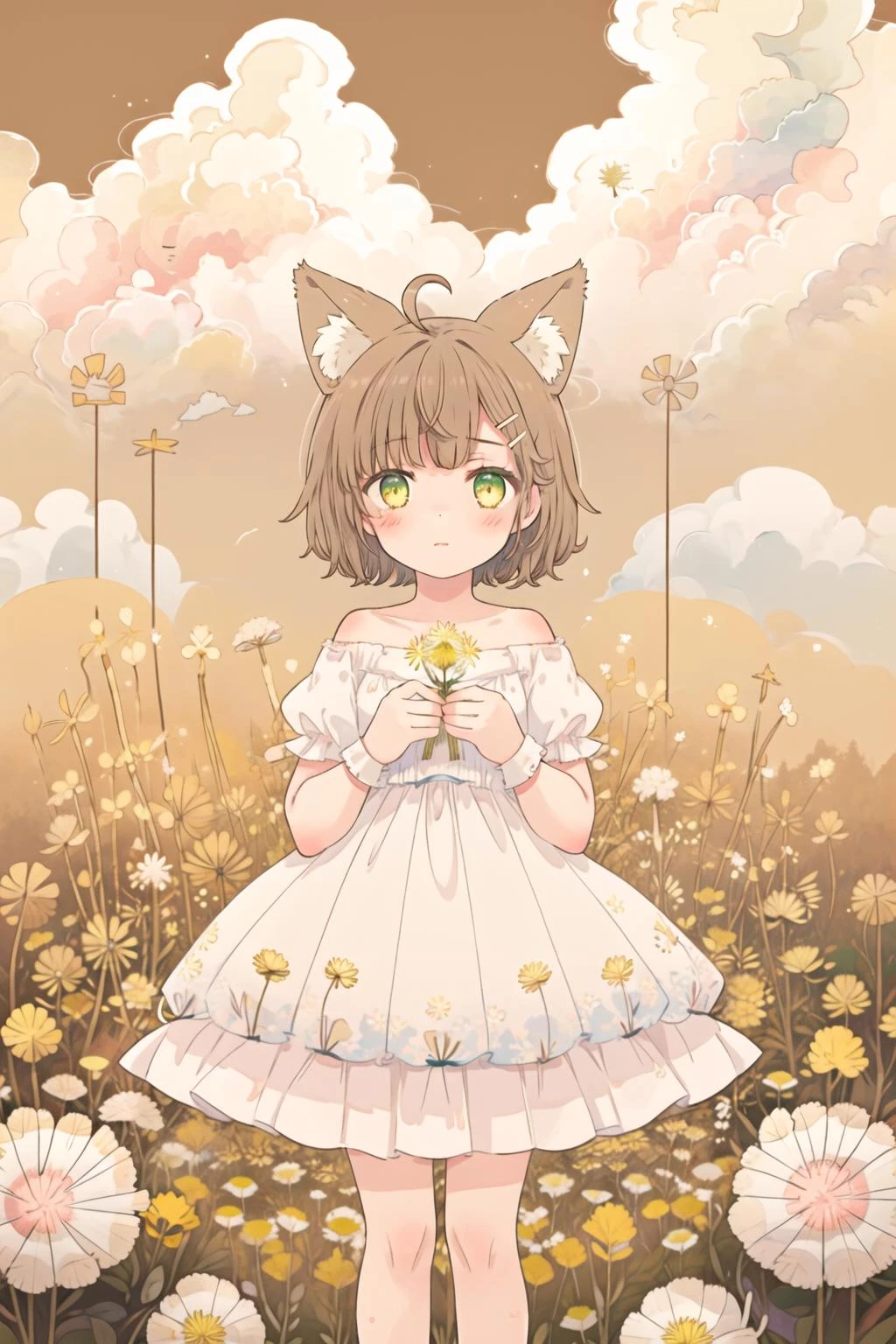 (masterpiece:1.3),best quality,high detailed,
1girl,(solo:1.1),mature,( fox ears:1.1),short hair,messy hair,light brown hair,hairclip,ahoge,flat,(yellow eyes:0.5),
Cumulus,
looking at the viewer,cowboy shot,
(holding dandelion:1.2),dandelion,Floating Dandelion,lofi,Flowery Meadow,path,
<lyco:book_v1:0.75>,