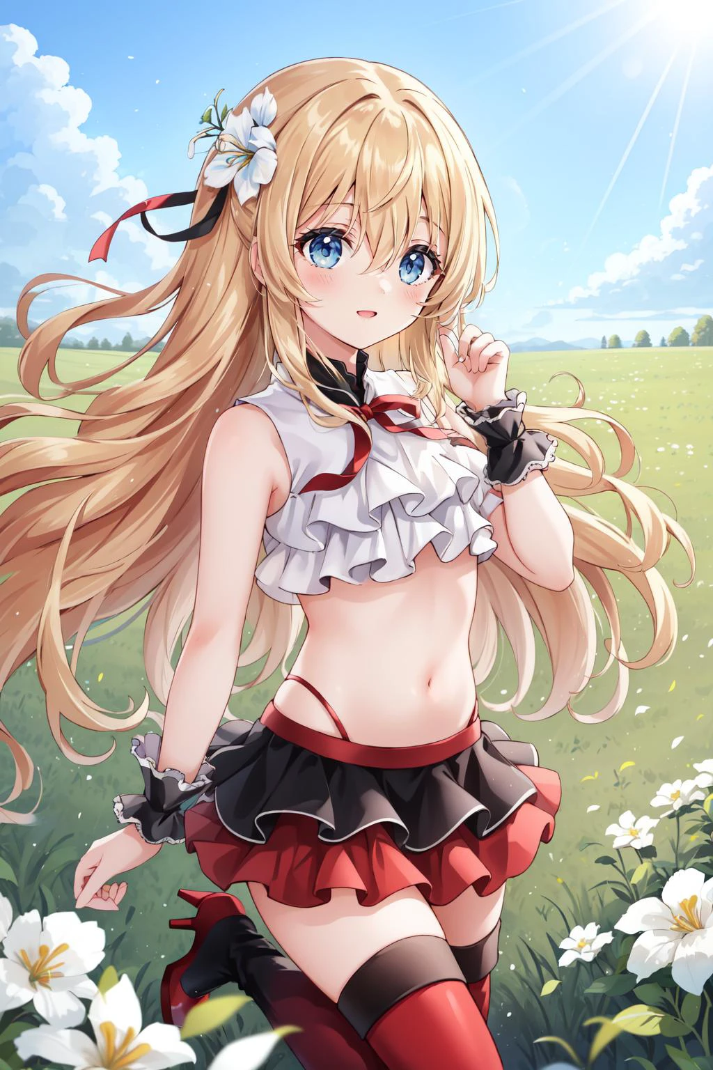 (masterpiece, best quality), intricate details,
1girl, <lora:onna_shinkan-10:0.8> onna_shinkan, long hair, very long hair, hair between eyes,
<lora:MikuNisokuClothingV2:0.8> sleeveless shirt, layered shirt, layered skirt, crop top, wrist cuffs,gradient legwear, red thighhighs,high heels, boots,hair flower, ribbon,
grass, field of flowers, meadow, outdoors, sun, happy,