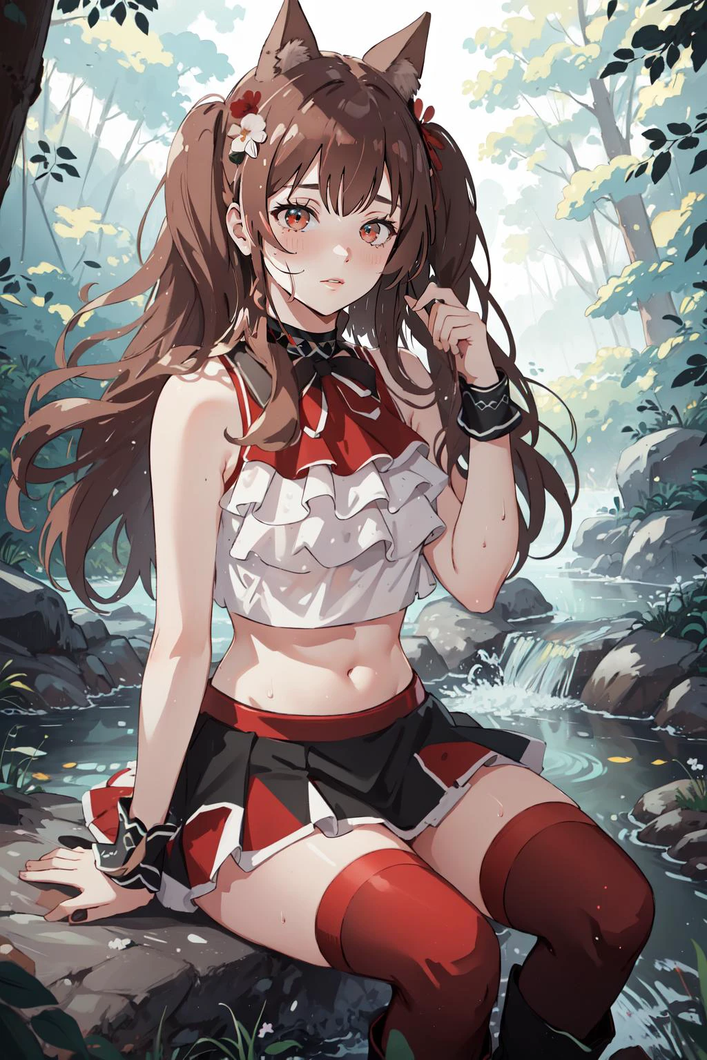 (masterpiece, best quality), intricate details,
1girl, <lora:arknightsangmulti:0.8> angdef,
sweating, sweat on midriff,
<lora:MikuNisokuClothingV2:0.8> sleeveless shirt, layered shirt, layered skirt, crop top, wrist cuffs,gradient legwear, red thighhighs,high heels, boots,hair flower, ribbon,
outdoors, sitting on rock, river, grass, forest, waterfall, mist,