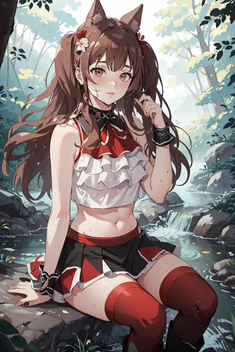 (masterpiece, best quality),  intricate details,
1girl,    <lora:arknightsangmulti:0.8> angdef,
sweating, sweat on midriff, 
 <lora:MikuNisokuClothingV2:0.8> sleeveless shirt, layered shirt, layered skirt, crop top, wrist cuffs,gradient legwear, red thighhighs,high heels, boots,hair flower, ribbon,
outdoors, sitting on rock, river, grass, forest, waterfall, mist,