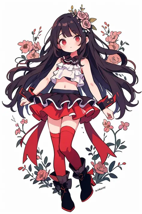 (masterpiece, best quality), 1girl, <lora:MikuNisokuClothing1927:0.8> sleeveless shirt, layered shirt, layered skirt, crop top, wrist cuffs,gradient legwear, red thighhighs,high heels, boots,hair flower, ribbon,