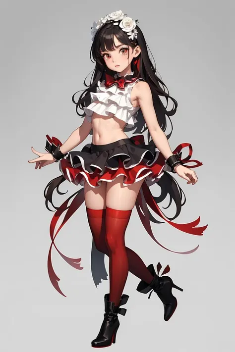 (masterpiece, best quality), 1girl, <lora:MikuNisokuClothing1927:0.8> sleeveless shirt, layered shirt, layered skirt, crop top, wrist cuffs,gradient legwear, red thighhighs,high heels, boots,hair flower, ribbon,