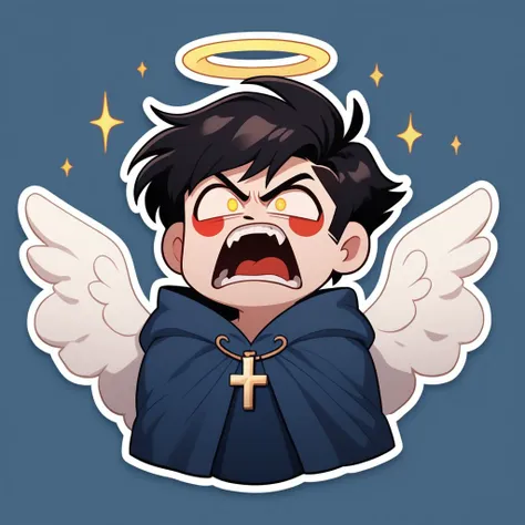 Adam the first, 1boy, angel, black hair, cross, halo, spiky hair, male focus, cloak, blue shirt, blue theme, arms wide open, yelling, emotional, open mouth, short hair, angel wings, glowing, solo, yellow eyes, HashbinPnyXL PonyXLV6_Scores, twitch emote, chibi, outline, sticker, <lora:NijiEmotePDXL:1>