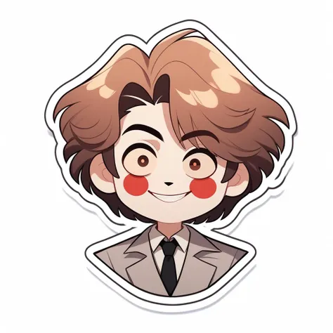 1boy, brown eyes, brown hair, collared shirt, simple background, white background, looking at viewer, male focus, necktie, shirt, smile, solo, wing collar HashbinPnyXL PonyXLV6_Scores, twitch emote, chibi, outline, sticker, <lora:NijiEmotePDXL:1>