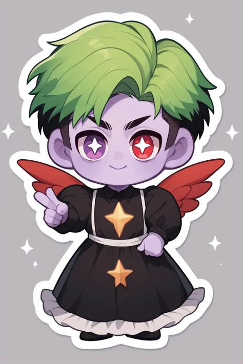 PonyXLV6_Scores, chibi, closed mouth, colored skin, dress, green hair, heart, heart-shaped pupils, looking at viewer, male focus, multicolored hair, outline, pointing, portrait, puffy long sleeves, purple eyes, red eyes, red wings, shirt, smile, solo, sticker, v, star (symbol), <lora:NijiEmotePDXL:1>