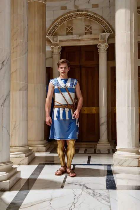 portico of a Greek temple, marble floor, white marble columns, JackWindsor wearing linothorax armor, blue tunic, greaves, sandals, (((full body portrait))), wide angle <lora:JackWindsor-000008:0.8>  <lora:linothorax:0.8>