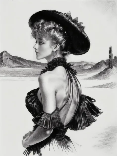 drawing by g1bs0n  <lora:cdg_v3:1>, from behind, closeup of action pose, StacyHiggins  having fun, (dancing in a crowd at Burningman), [wearing a  ((macrame) backless halter flared jumpsuit), fringes, tassels, flat  abs, small waist, big breasts, full bust,  round ass, bare arms,  hat, dangling necklace, jewelry,  dilated pupils] , people  and desert art in background, drawing by Charles Dana Gibson   <lora:roundassv1:0.4>  <lora:burner_style_v1:0.4> <lora:add_detail:2>