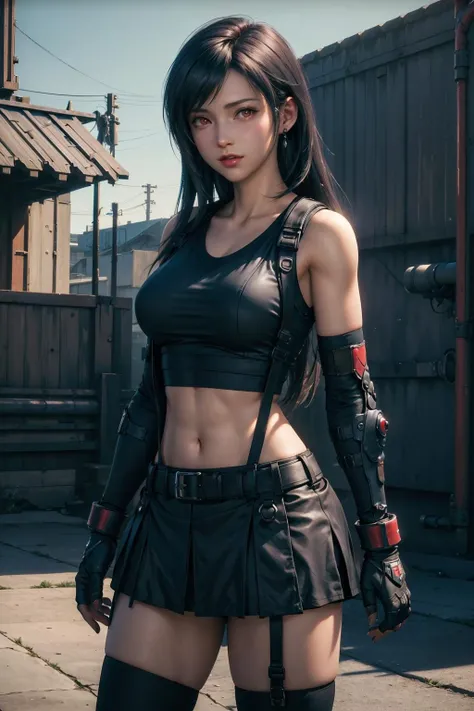 (best quality, masterpiece:1.2), photon mapping, radiosity, physically-based rendering, best quality,NSFW,highly detailed,1girl, ftifa, red eyes, stocking, outdoor, sunny, summer, looking at the viwer, crop top, glove,