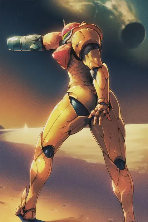 1girl, masterpiece, best quality, samusaran, orange power armor, <lora:Samusaran:0.8>, dynamic pose, ((helmet)), arm cannon, water planet