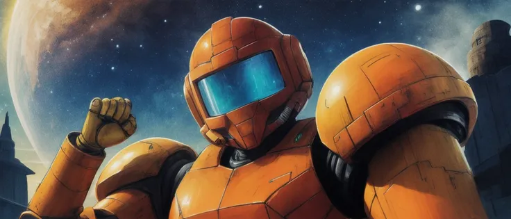 1girl, masterpiece, best quality, samusaran, orange power armor, <lora:Samusaran:0.7>, ((helmet)), arm cannon, water planet, closeup