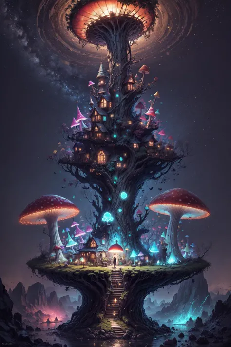 (no people), giant fantastic fluorescent mushrooms , wonderland, darkness, sparkles, <lora:more_details:0.7>