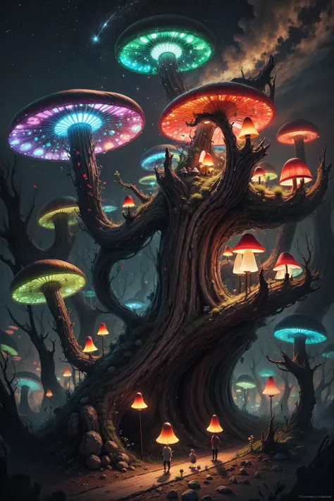 (no people), giant fantastic fluorescent mushrooms , wonderland, darkness, sparkles, <lora:more_details:0.7>
