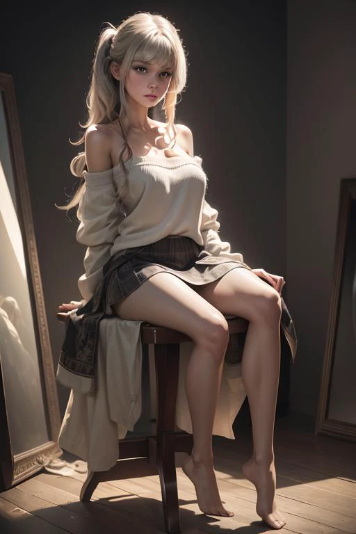 best quality,masterpiece,realistic,HDR,UHD,8K,absurdres,realistic,Highly detailed,ultra-fine painting,sharp focus,physically-based rendering,extreme detail description,Professional,Vivid Colors,1girl,solo,full body,medium breasts,shiny skin,off-shoulder_sweater,skirt,legs,bare foots,no_ shoes,medium hair,multi-tied hair,<lora:21:0.6>,NO.21,model,slender,glamor,narrow waist,